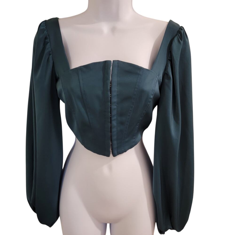 Urban Outfitters Corset Crop Top Women's Small Green Long Balloon Sleeve